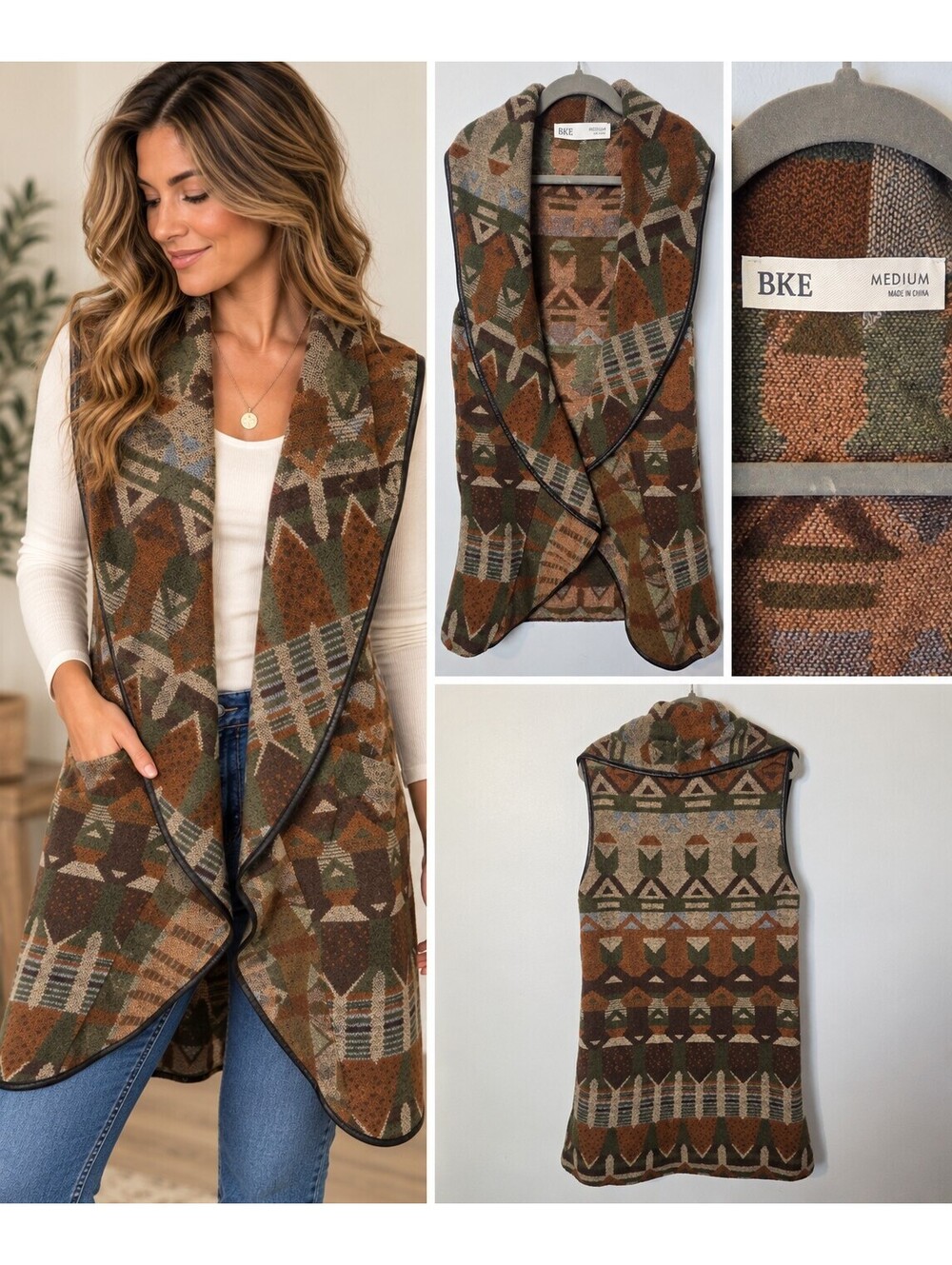 BKE Southwestern Aztec Tapestry Open Front Vest Faux Leather Trim M